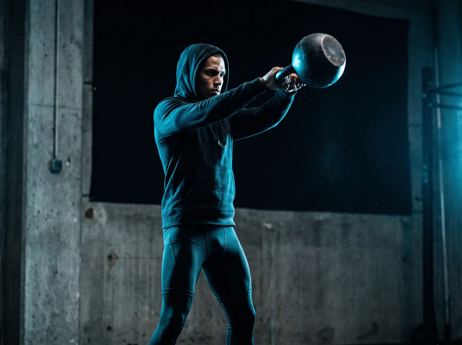 Person performing a kettlebell exercise in a dark training facility