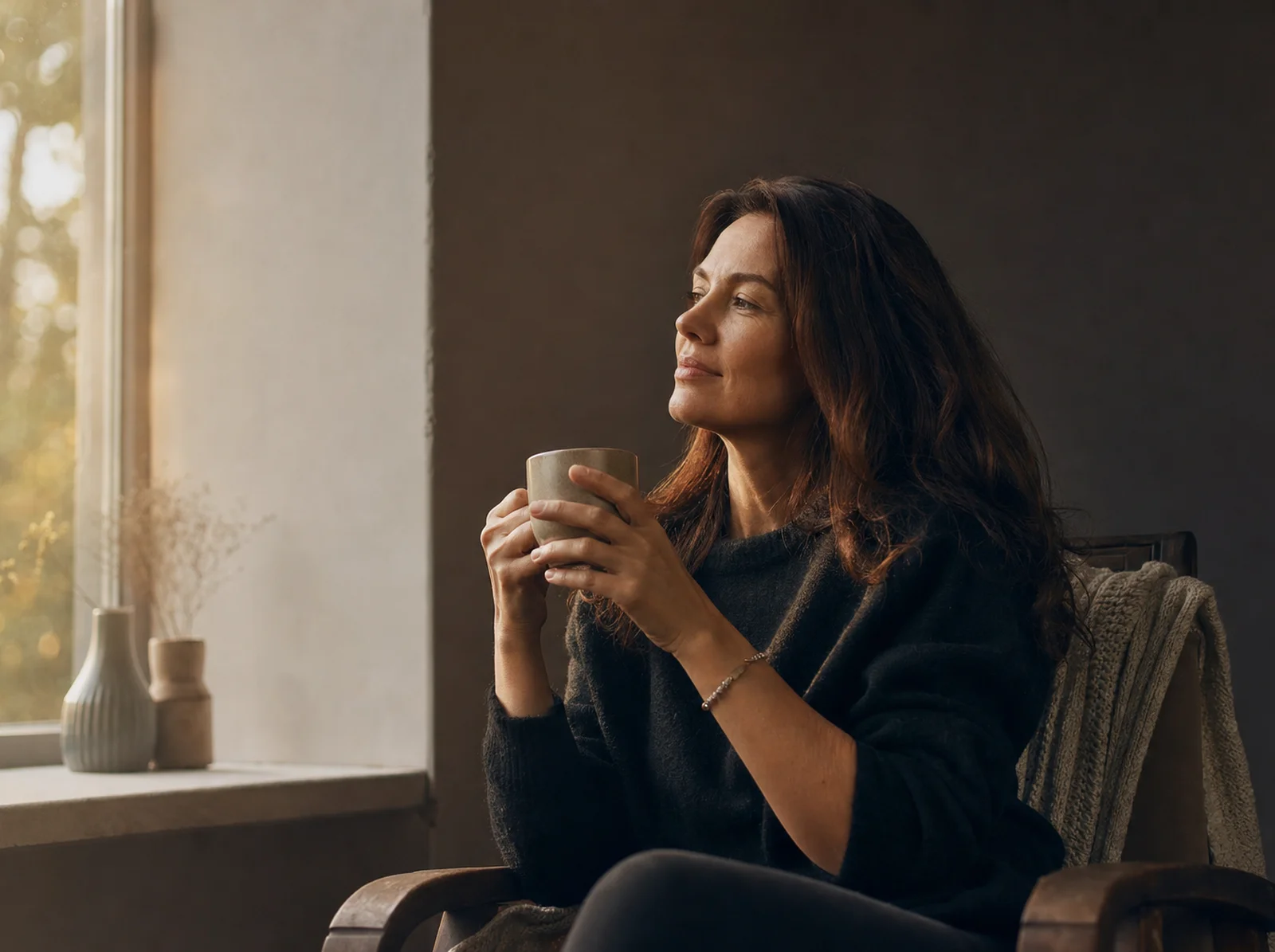 Person relaxing peacefully by a window with a cup of tea
