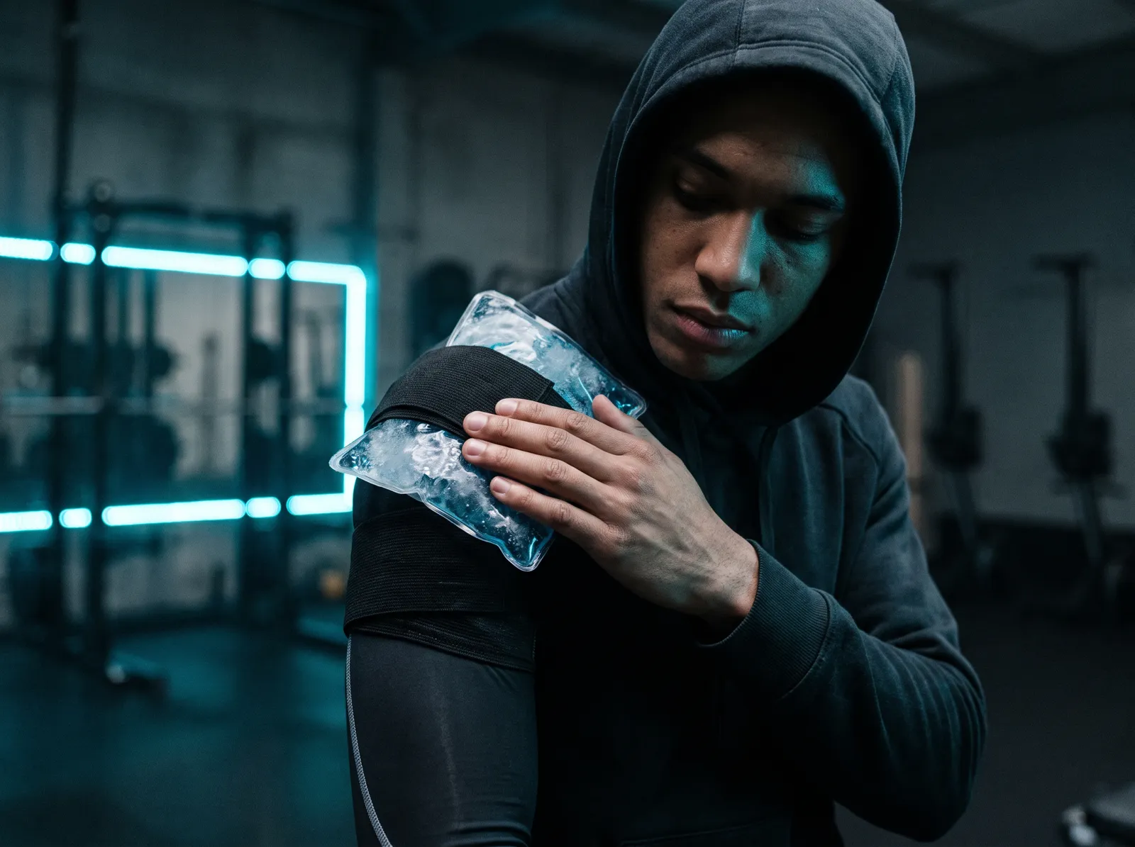 Athlete applying cold therapy to shoulder during recovery